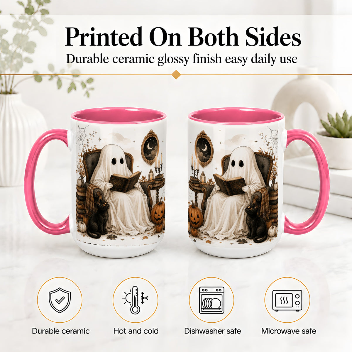 #pl[15oz|Pink] Cozy Ghost Reader Ceramic Coffee Cup, Mug with Halloween Artwork