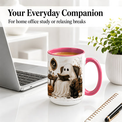 #pl[15oz|Pink] Cozy Ghost Reader Ceramic Coffee Cup, Mug with Halloween Artwork