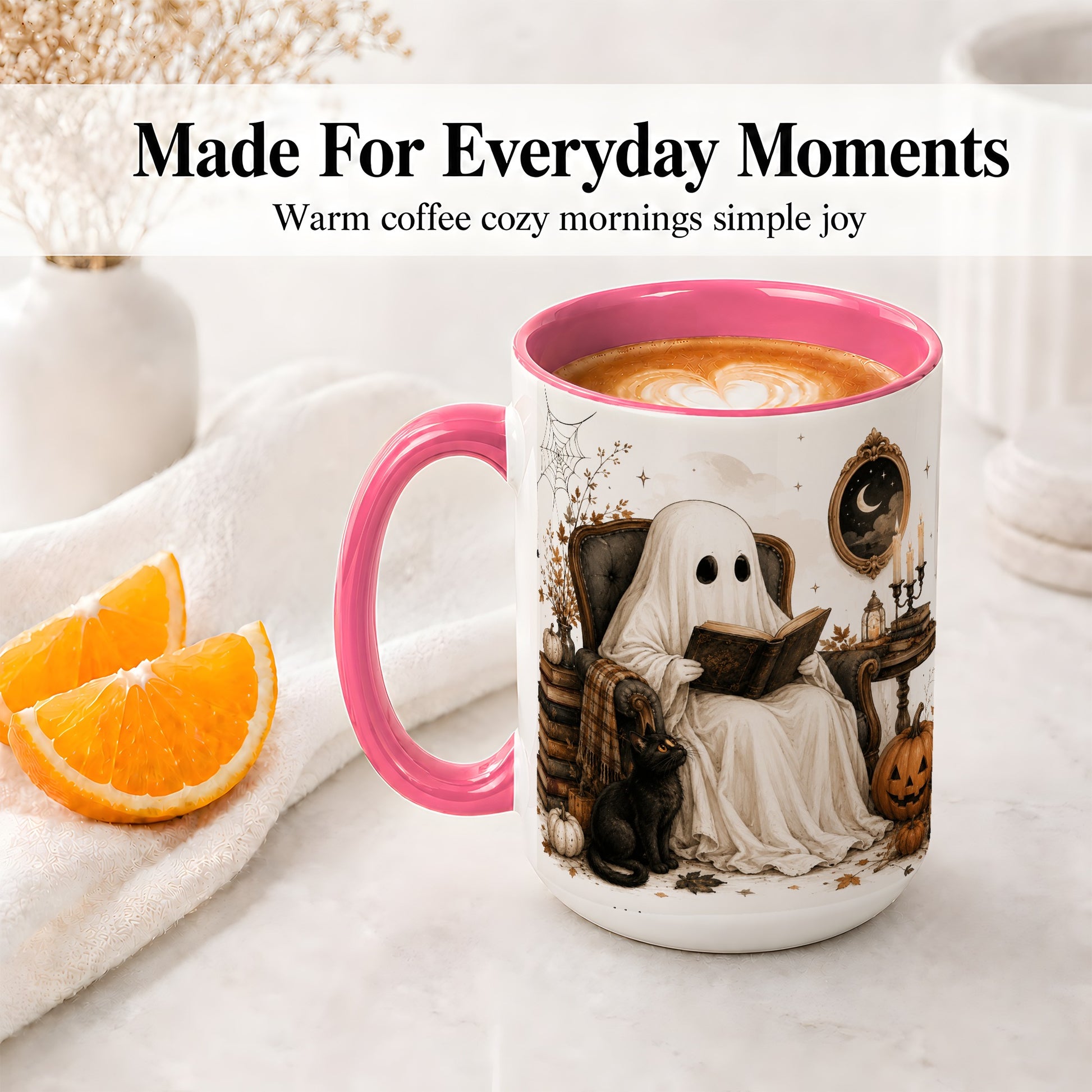 #pl[15oz|Pink] Cozy Ghost Reader Ceramic Coffee Cup, Mug with Halloween Artwork
