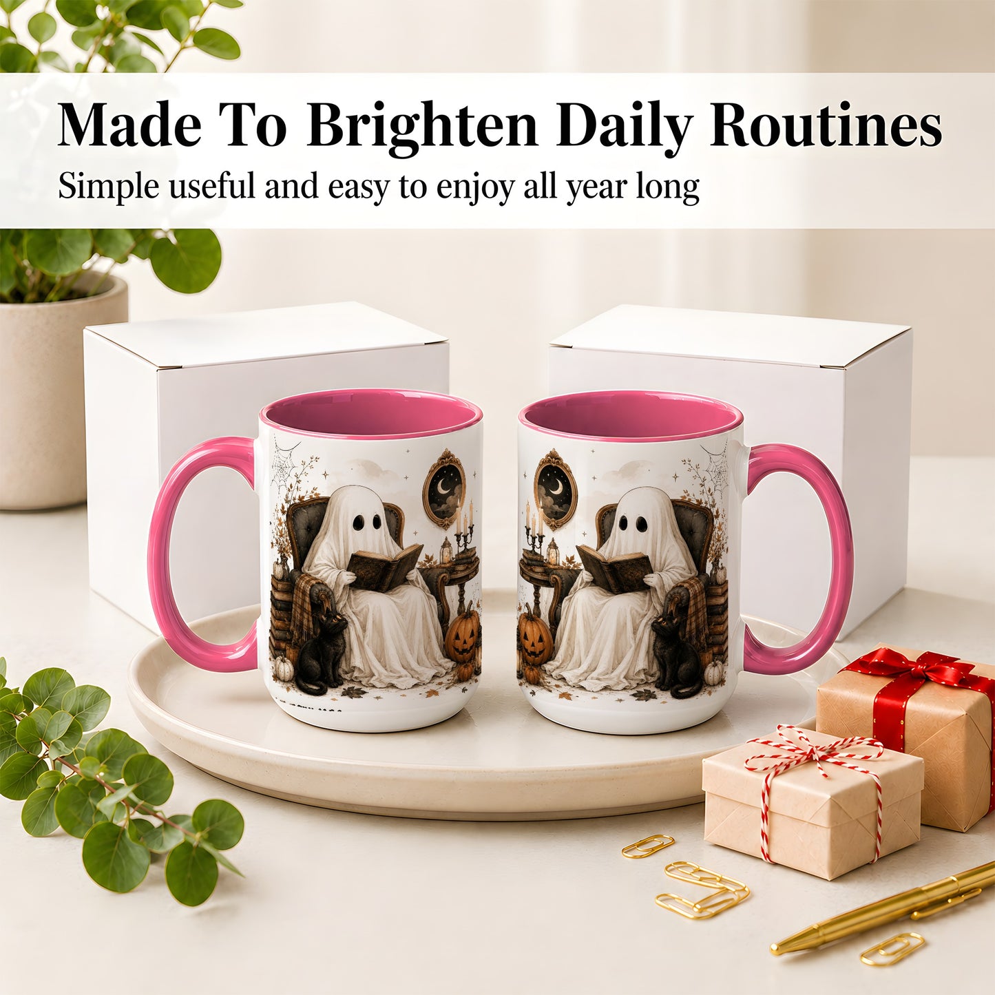 #pl[15oz|Pink] Cozy Ghost Reader Ceramic Coffee Cup, Mug with Halloween Artwork