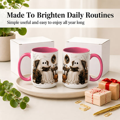 #pl[15oz|Pink] Cozy Ghost Reader Ceramic Coffee Cup, Mug with Halloween Artwork