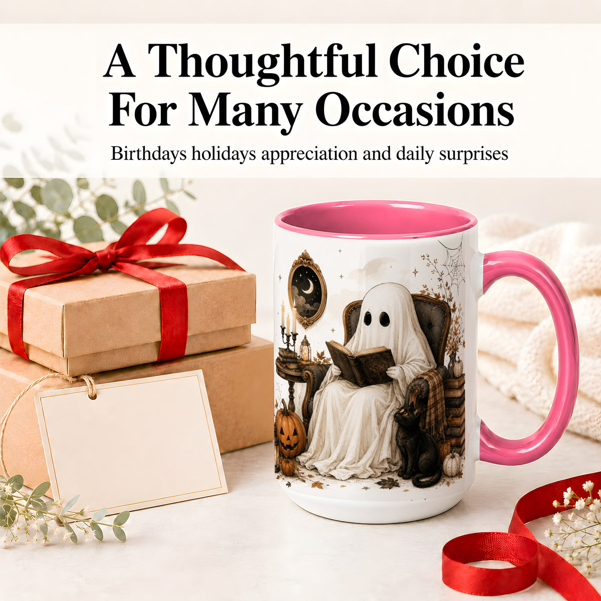 #pl[15oz|Pink] Cozy Ghost Reader Ceramic Coffee Cup, Mug with Halloween Artwork