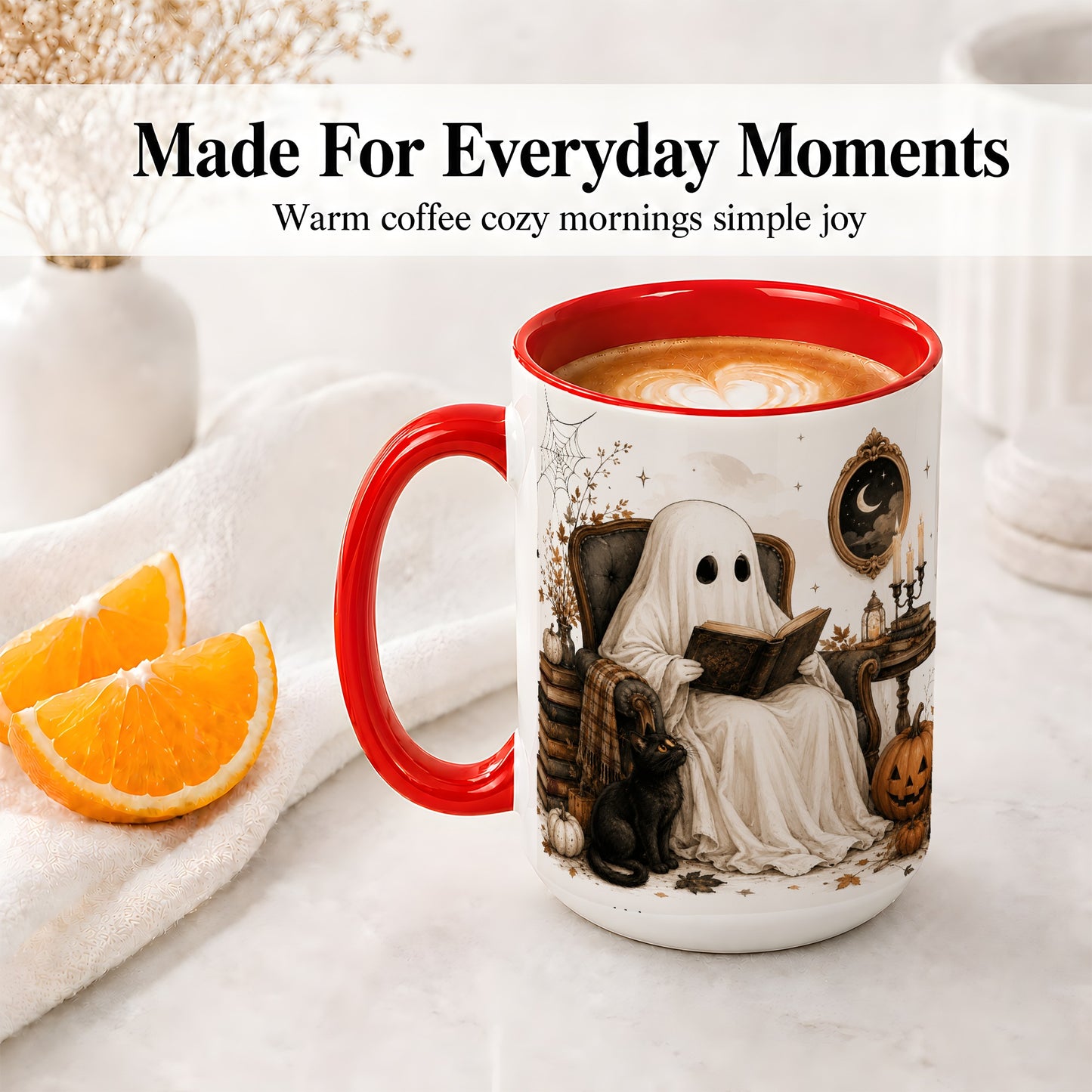 #pl[15oz|Red] Cozy Ghost Reader Ceramic Coffee Cup, Mug with Halloween Artwork