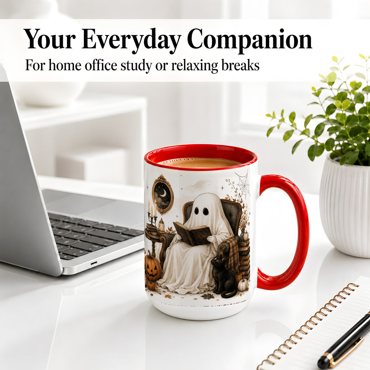 #pl[15oz|Red] Cozy Ghost Reader Ceramic Coffee Cup, Mug with Halloween Artwork