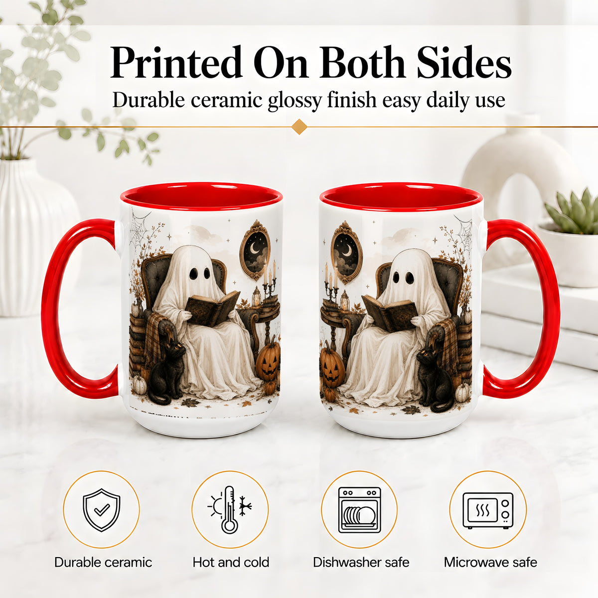 #pl[15oz|Red] Cozy Ghost Reader Ceramic Coffee Cup, Mug with Halloween Artwork