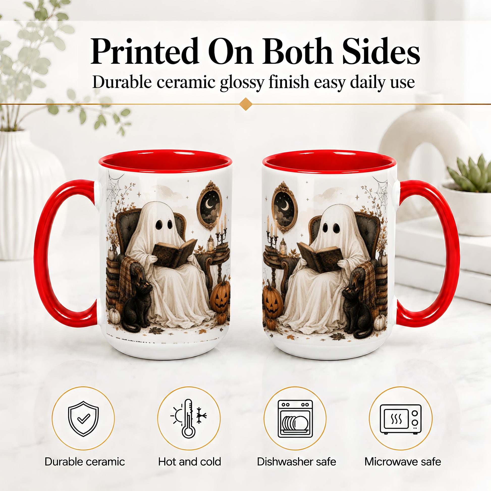 #pl[15oz|Red] Cozy Ghost Reader Ceramic Coffee Cup, Mug with Halloween Artwork