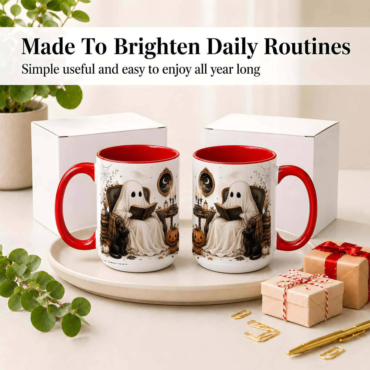 #pl[15oz|Red] Cozy Ghost Reader Ceramic Coffee Cup, Mug with Halloween Artwork