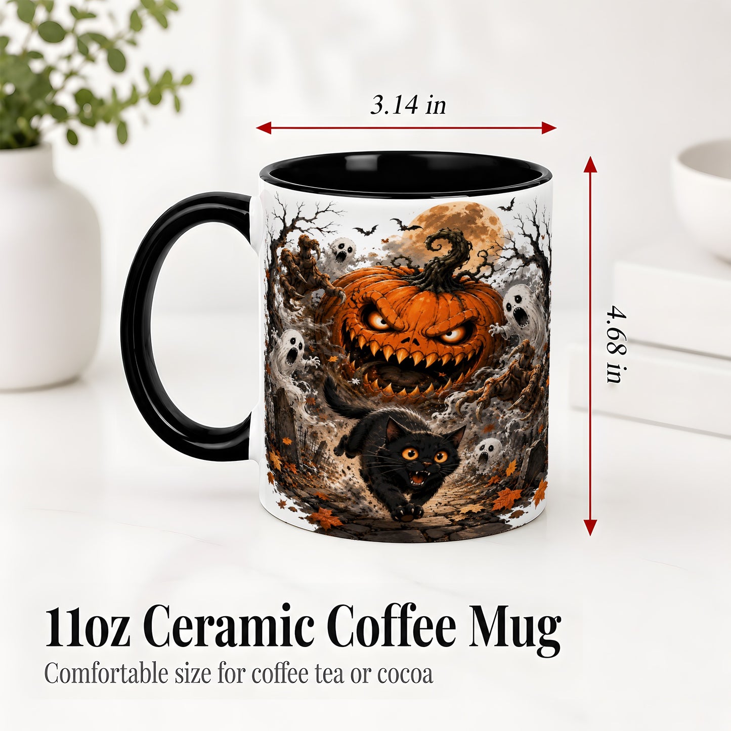 #pl[11oz|Black] Scary Pumpkin Ceramic Coffee Cup, Mug with Ghost Cat Artwork