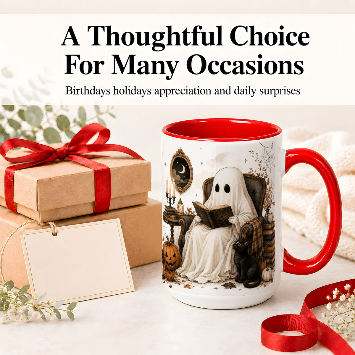 #pl[15oz|Red] Cozy Ghost Reader Ceramic Coffee Cup, Mug with Halloween Artwork