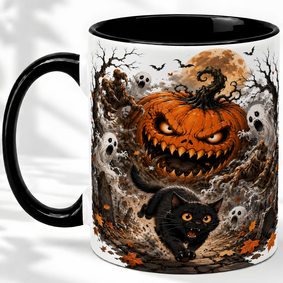 #pl[11oz|Black] Scary Pumpkin Ceramic Coffee Cup, Mug with Ghost Cat Artwork
