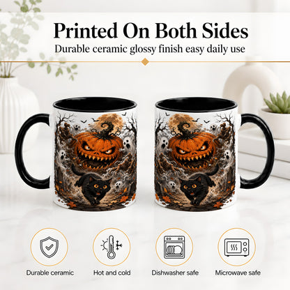 #pl[11oz|Black] Scary Pumpkin Ceramic Coffee Cup, Mug with Ghost Cat Artwork