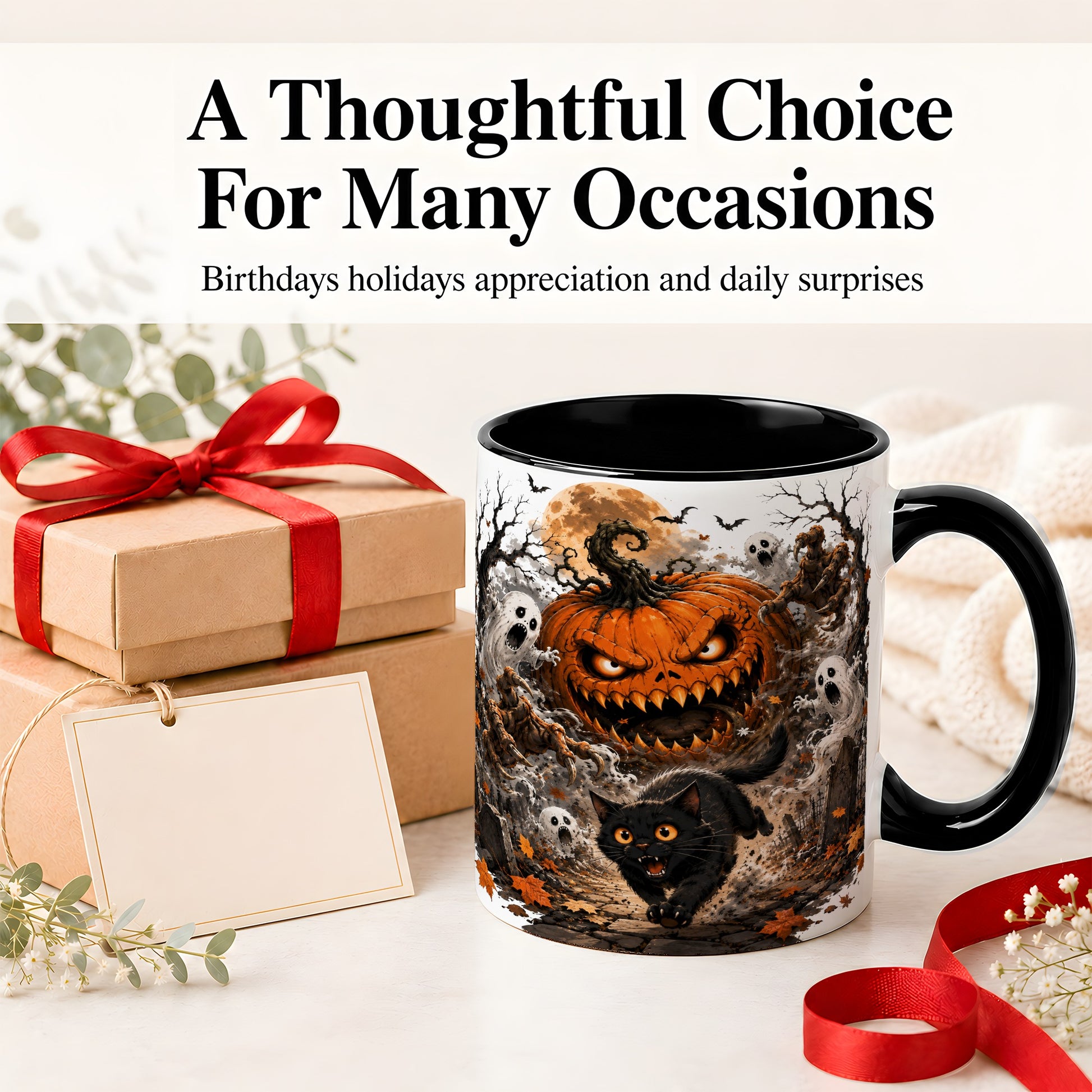 #pl[11oz|Black] Scary Pumpkin Ceramic Coffee Cup, Mug with Ghost Cat Artwork