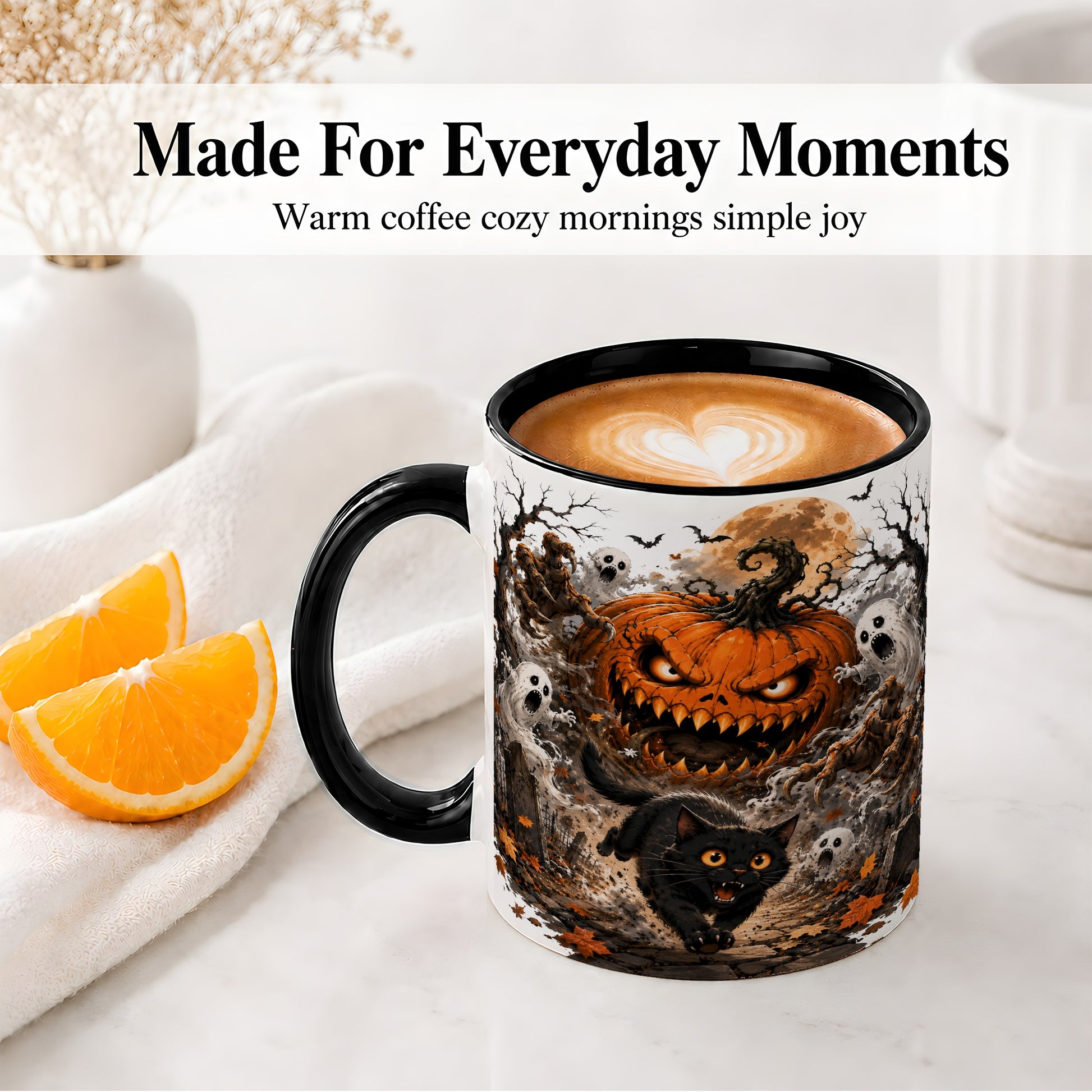 #pl[11oz|Black] Scary Pumpkin Ceramic Coffee Cup, Mug with Ghost Cat Artwork