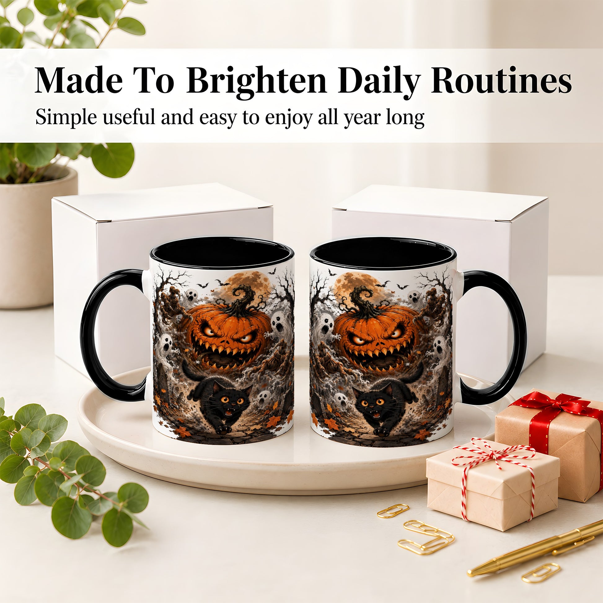 #pl[11oz|Black] Scary Pumpkin Ceramic Coffee Cup, Mug with Ghost Cat Artwork