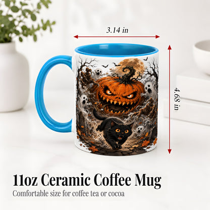 #pl[11oz|Blue] Scary Pumpkin Ceramic Coffee Cup, Mug with Ghost Cat Artwork