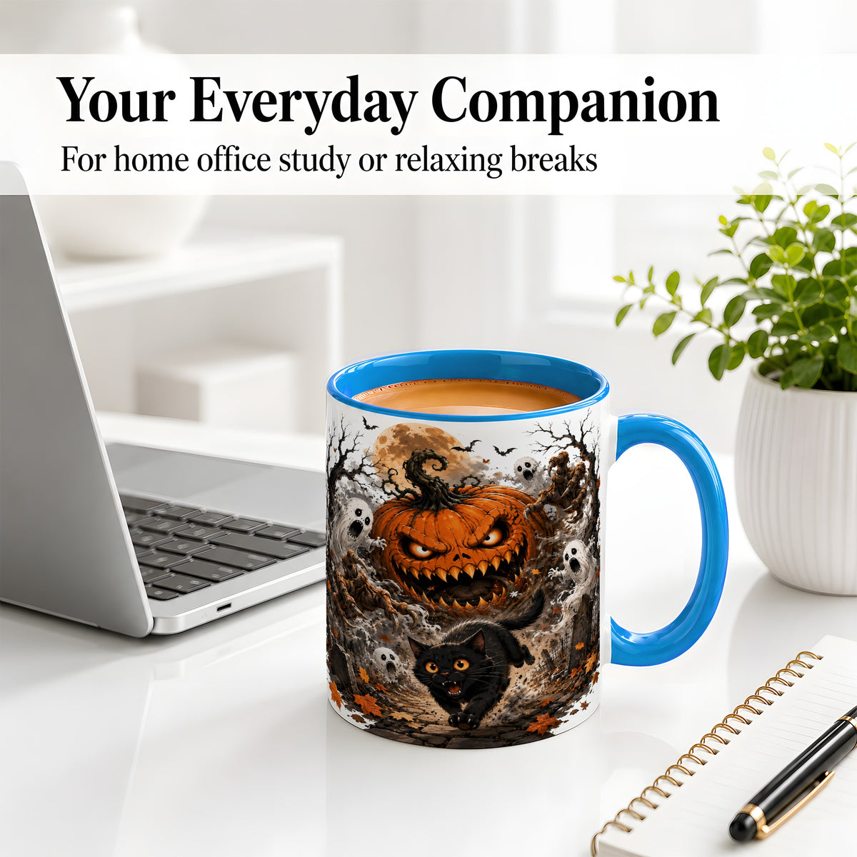 #pl[11oz|Blue] Scary Pumpkin Ceramic Coffee Cup, Mug with Ghost Cat Artwork