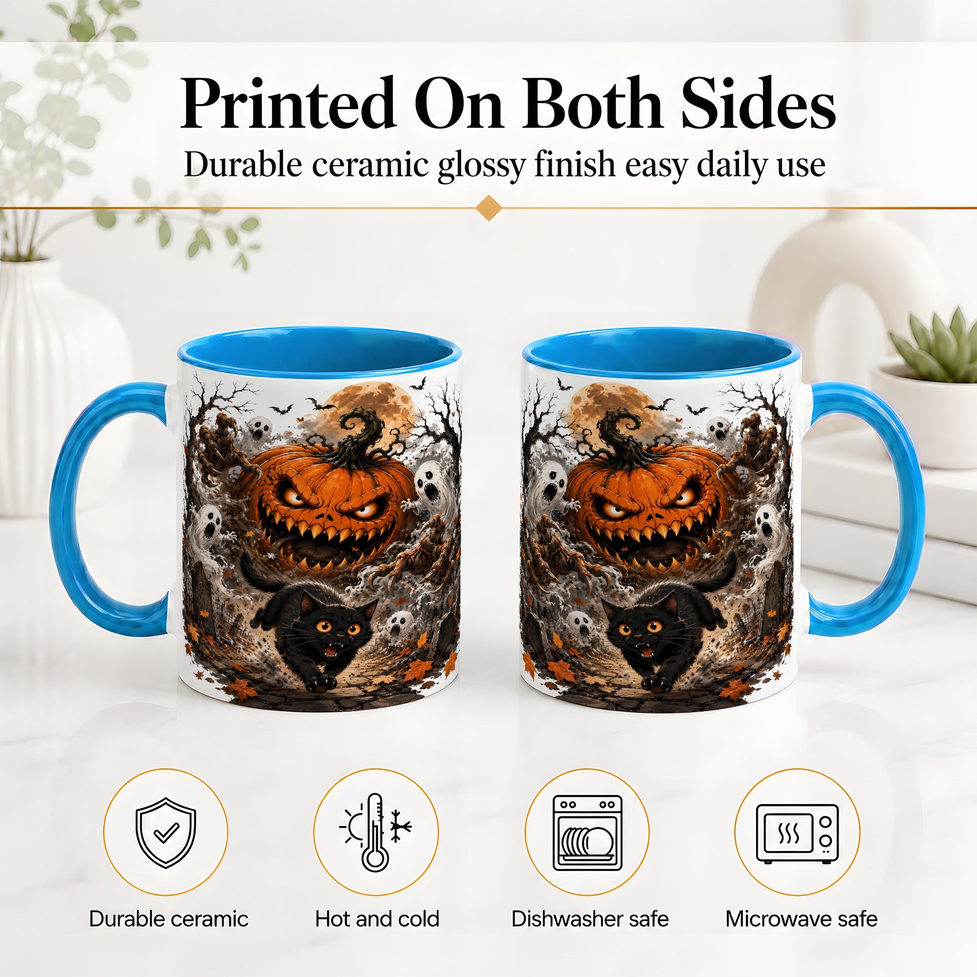 #pl[11oz|Blue] Scary Pumpkin Ceramic Coffee Cup, Mug with Ghost Cat Artwork