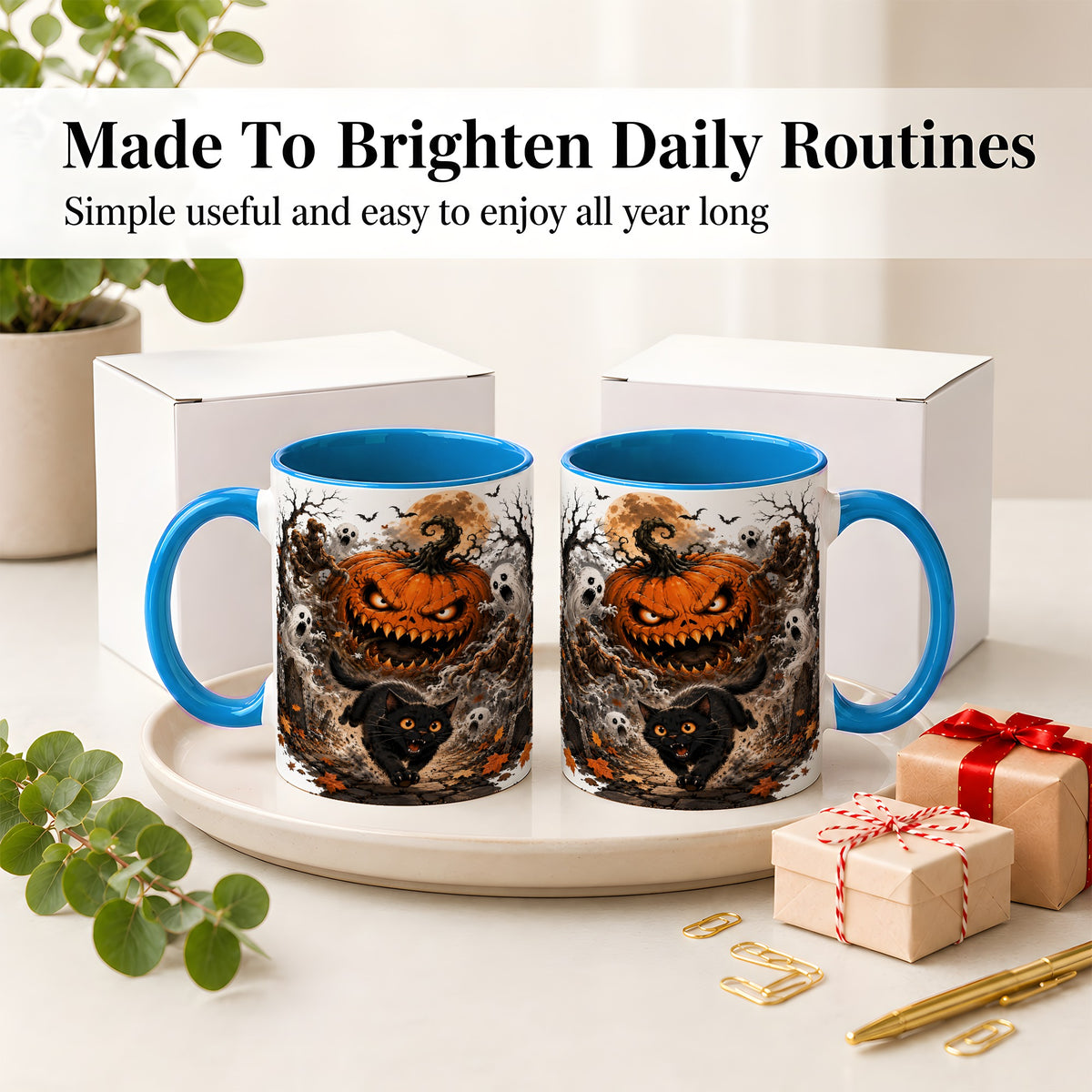 #pl[11oz|Blue] Scary Pumpkin Ceramic Coffee Cup, Mug with Ghost Cat Artwork