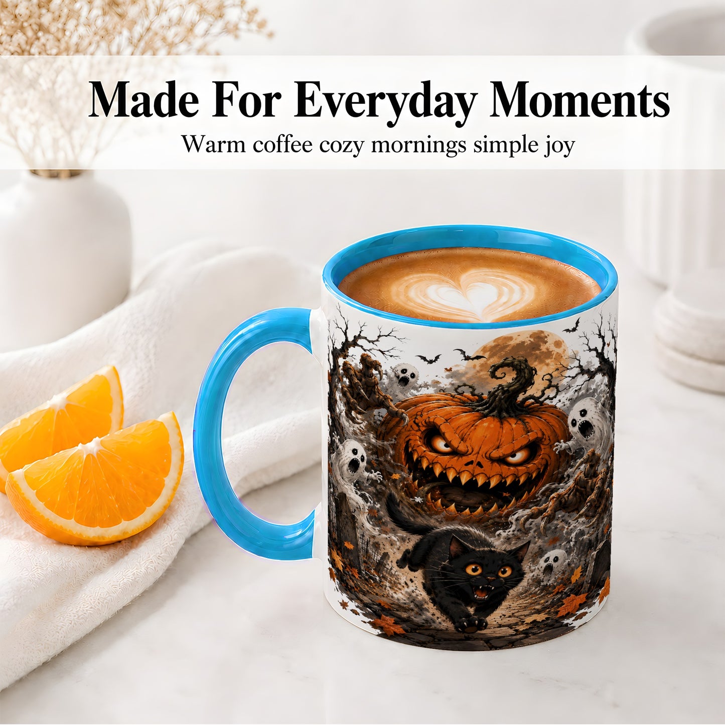 #pl[11oz|Blue] Scary Pumpkin Ceramic Coffee Cup, Mug with Ghost Cat Artwork