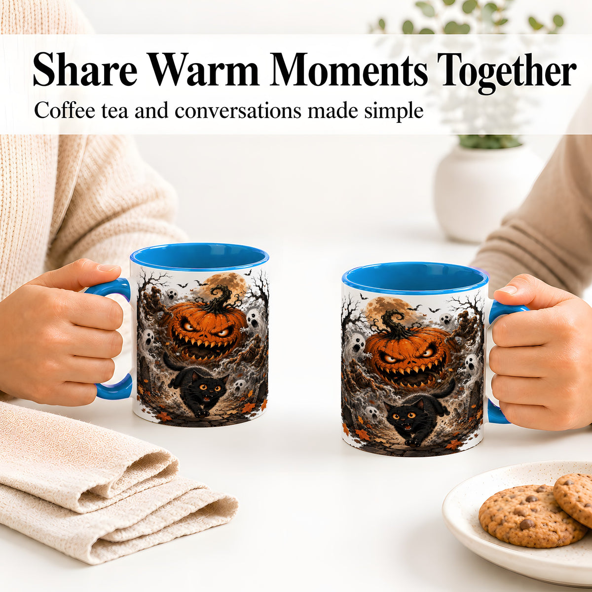 #pl[11oz|Blue] Scary Pumpkin Ceramic Coffee Cup, Mug with Ghost Cat Artwork