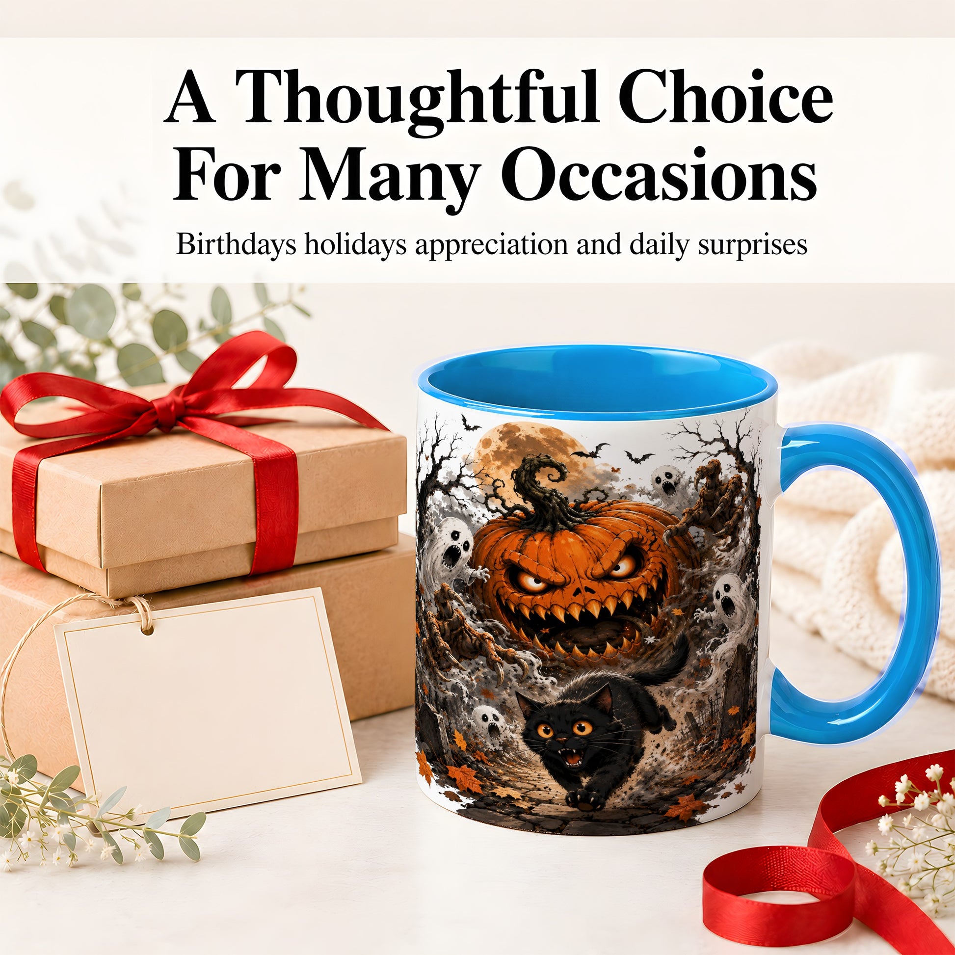 #pl[11oz|Blue] Scary Pumpkin Ceramic Coffee Cup, Mug with Ghost Cat Artwork