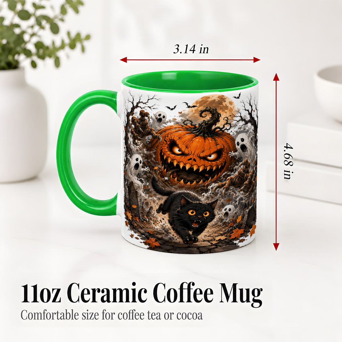 #pl[11oz|Green] Scary Pumpkin Ceramic Coffee Cup, Mug with Ghost Cat Artwork