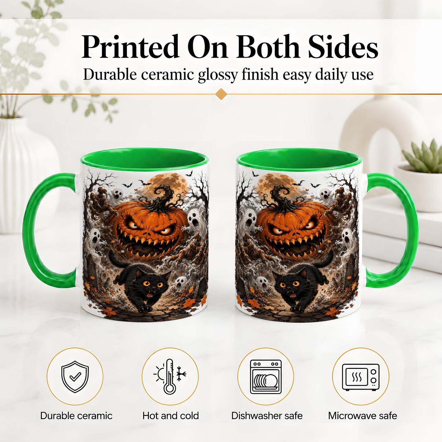 #pl[11oz|Green] Scary Pumpkin Ceramic Coffee Cup, Mug with Ghost Cat Artwork