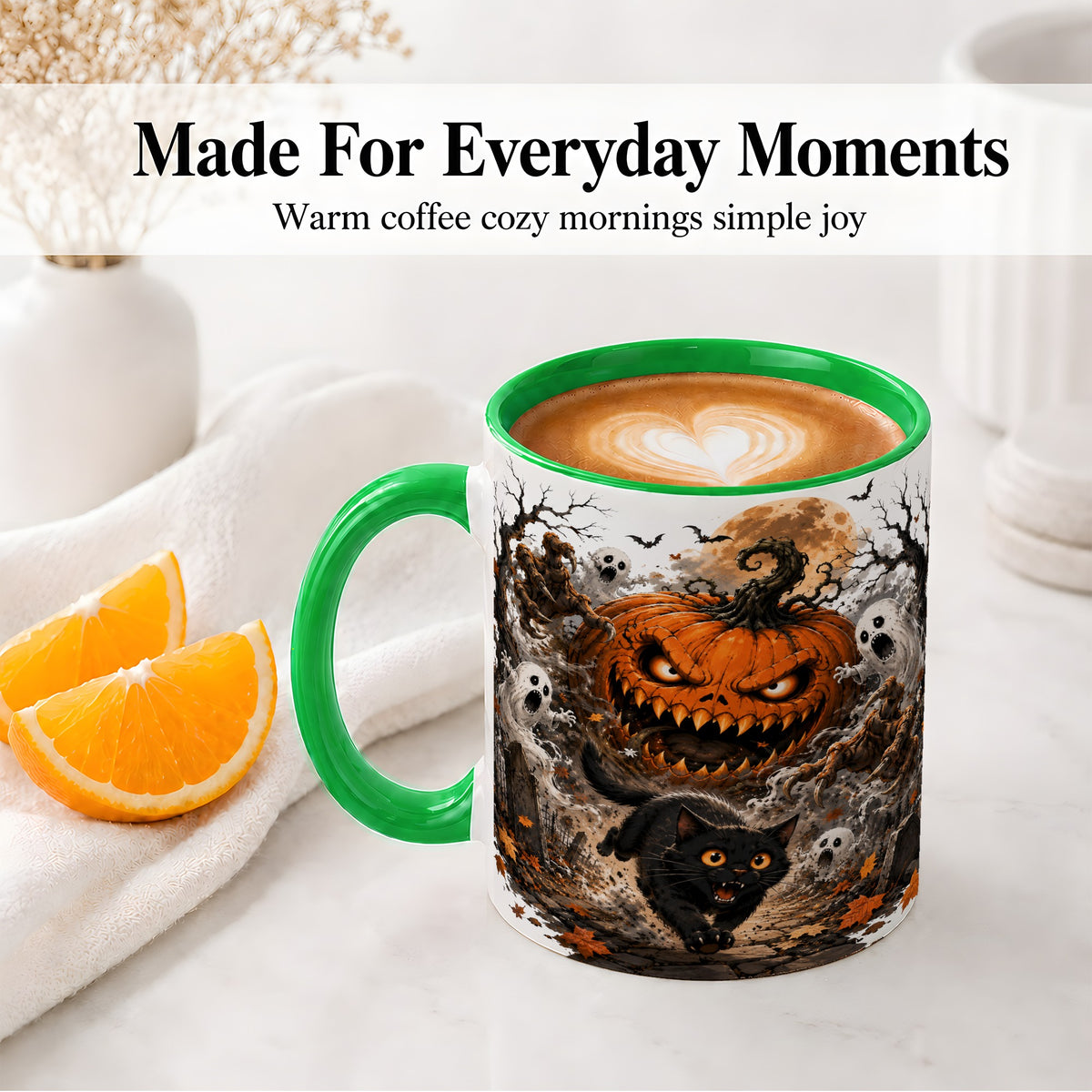 #pl[11oz|Green] Scary Pumpkin Ceramic Coffee Cup, Mug with Ghost Cat Artwork