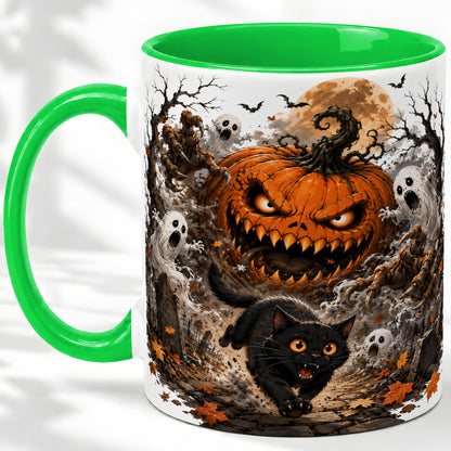 #pl[11oz|Green] Scary Pumpkin Ceramic Coffee Cup, Mug with Ghost Cat Artwork