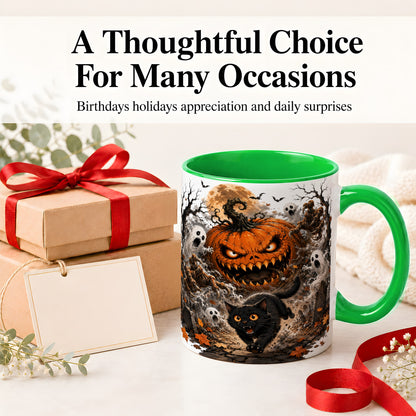 #pl[11oz|Green] Scary Pumpkin Ceramic Coffee Cup, Mug with Ghost Cat Artwork