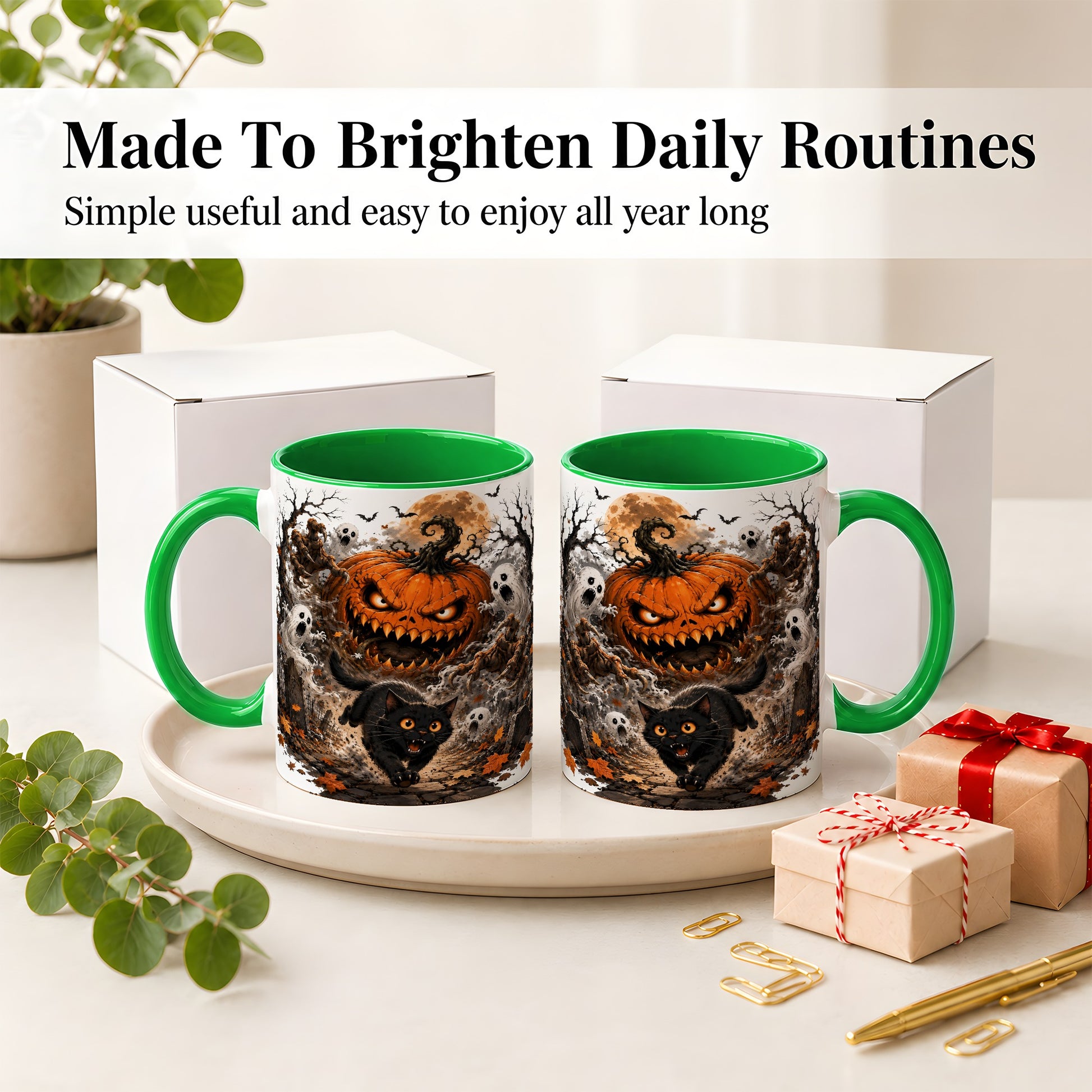 #pl[11oz|Green] Scary Pumpkin Ceramic Coffee Cup, Mug with Ghost Cat Artwork