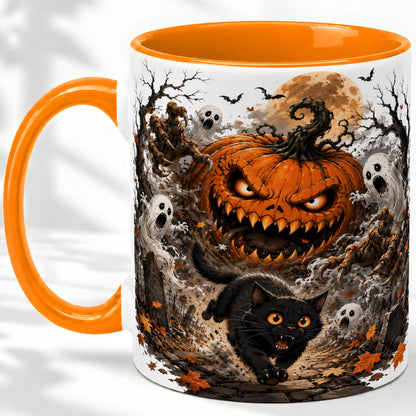 #pl[11oz|Orange] Scary Pumpkin Ceramic Coffee Cup, Mug with Ghost Cat Artwork