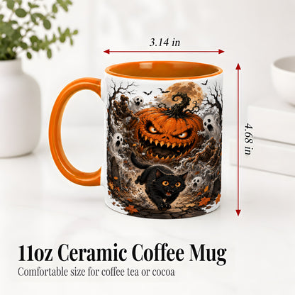 #pl[11oz|Orange] Scary Pumpkin Ceramic Coffee Cup, Mug with Ghost Cat Artwork