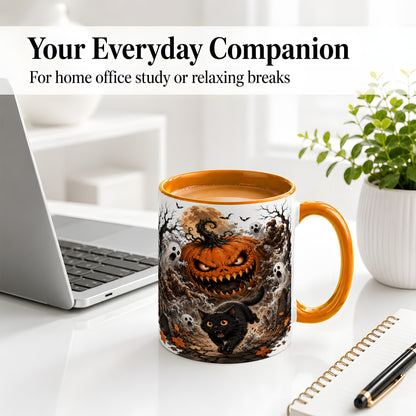 #pl[11oz|Orange] Scary Pumpkin Ceramic Coffee Cup, Mug with Ghost Cat Artwork