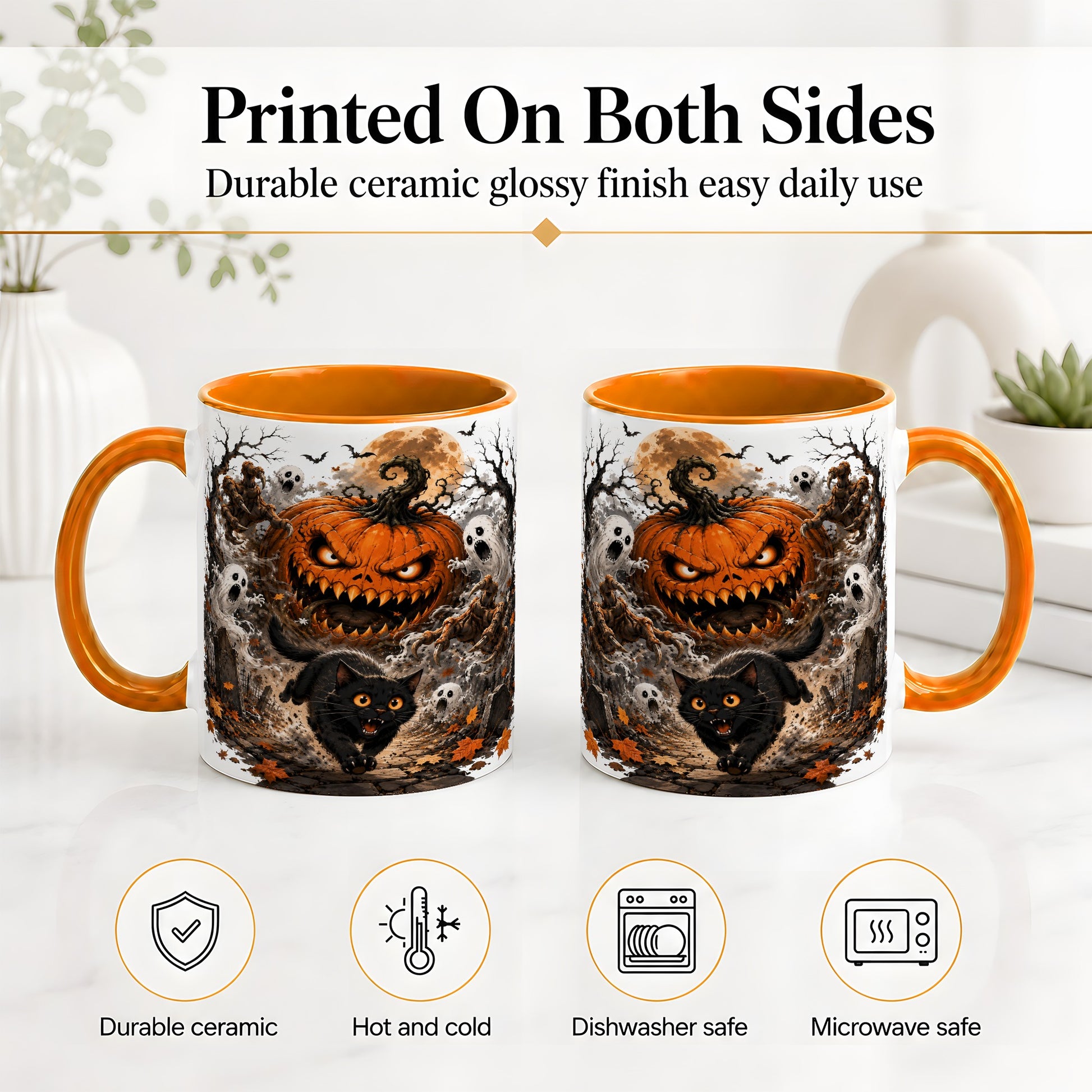 #pl[11oz|Orange] Scary Pumpkin Ceramic Coffee Cup, Mug with Ghost Cat Artwork