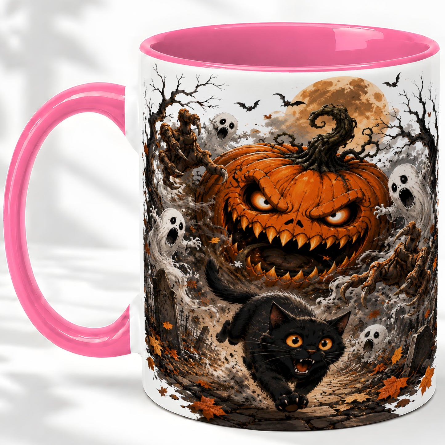 #pl[11oz|Pink] Scary Pumpkin Ceramic Coffee Cup, Mug with Ghost Cat Artwork