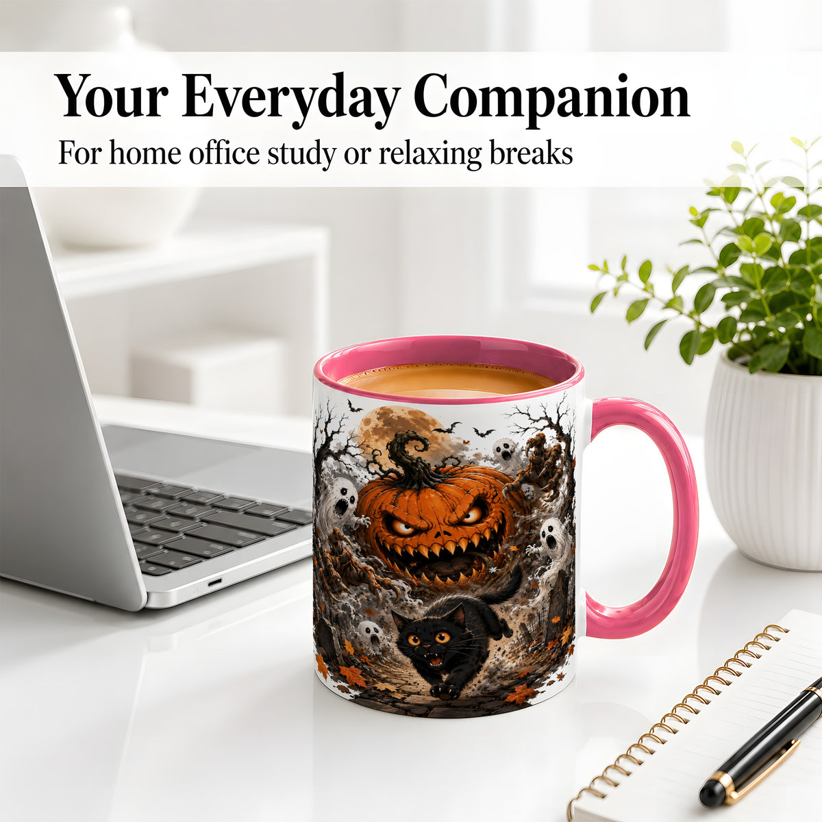 #pl[11oz|Pink] Scary Pumpkin Ceramic Coffee Cup, Mug with Ghost Cat Artwork