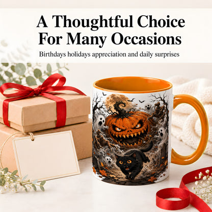 #pl[11oz|Orange] Scary Pumpkin Ceramic Coffee Cup, Mug with Ghost Cat Artwork