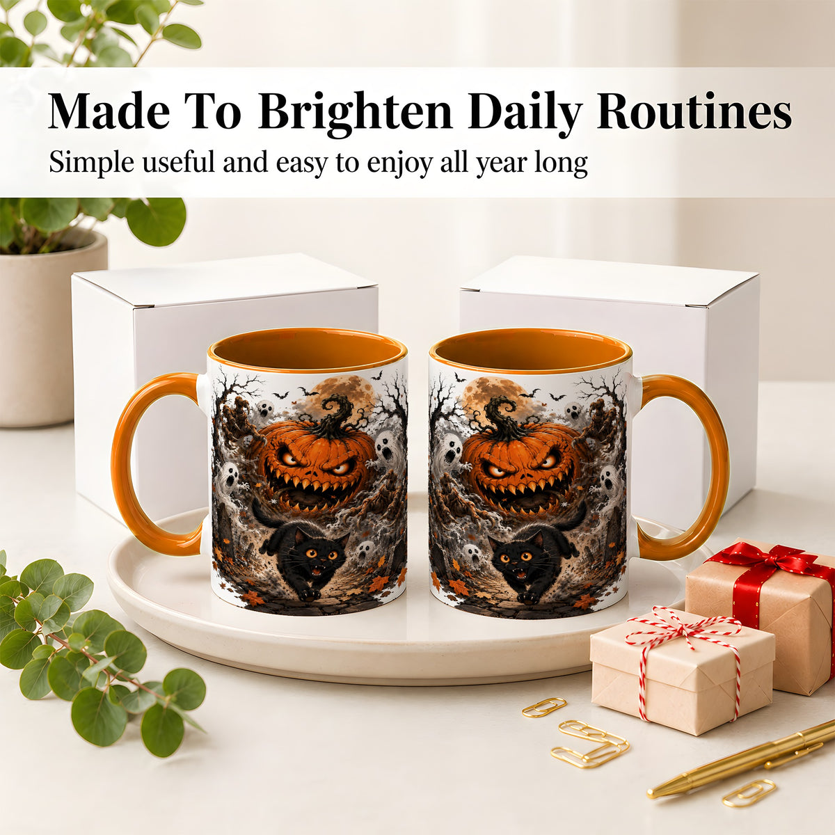 #pl[11oz|Orange] Scary Pumpkin Ceramic Coffee Cup, Mug with Ghost Cat Artwork