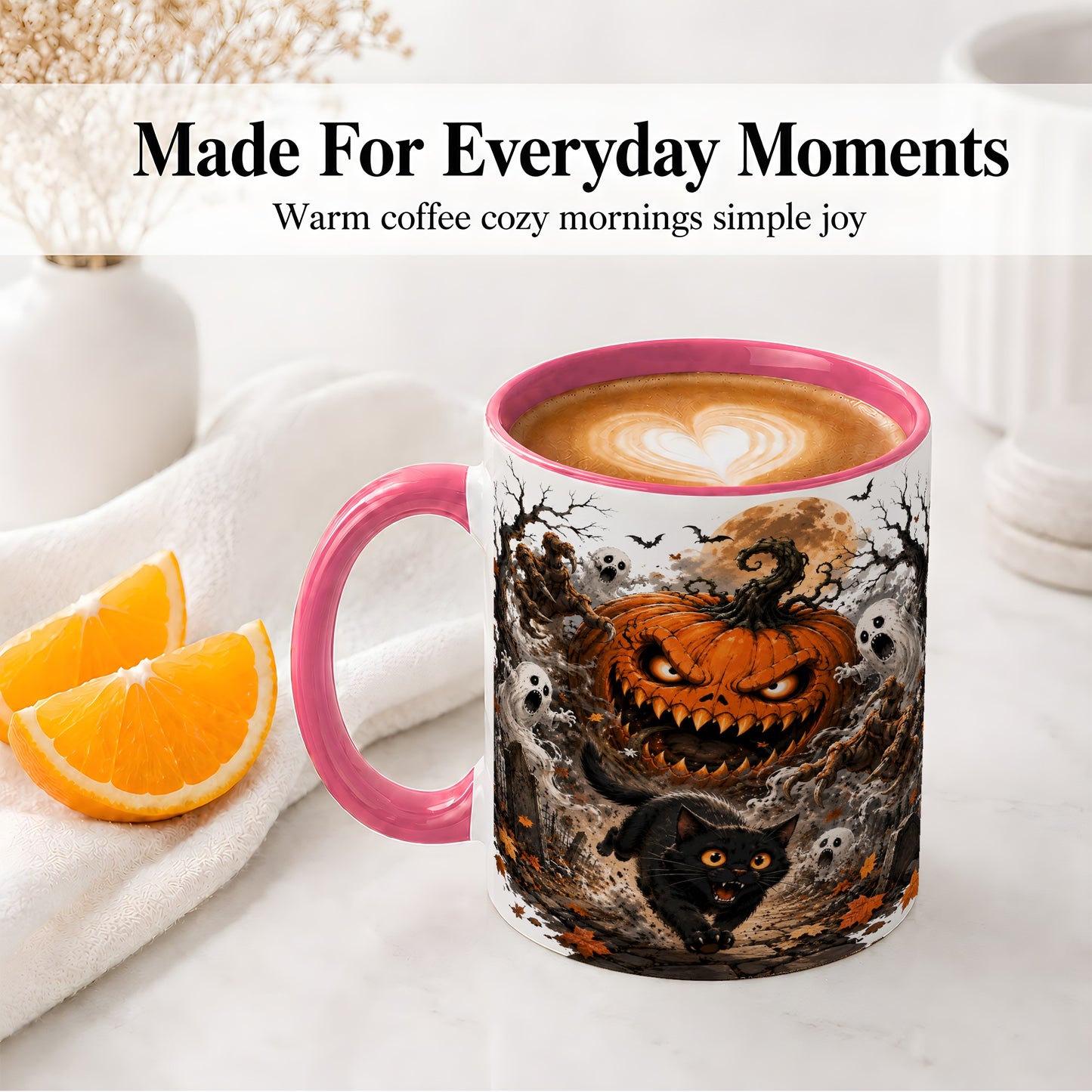 #pl[11oz|Pink] Scary Pumpkin Ceramic Coffee Cup, Mug with Ghost Cat Artwork