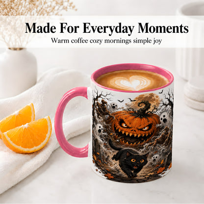 #pl[11oz|Pink] Scary Pumpkin Ceramic Coffee Cup, Mug with Ghost Cat Artwork
