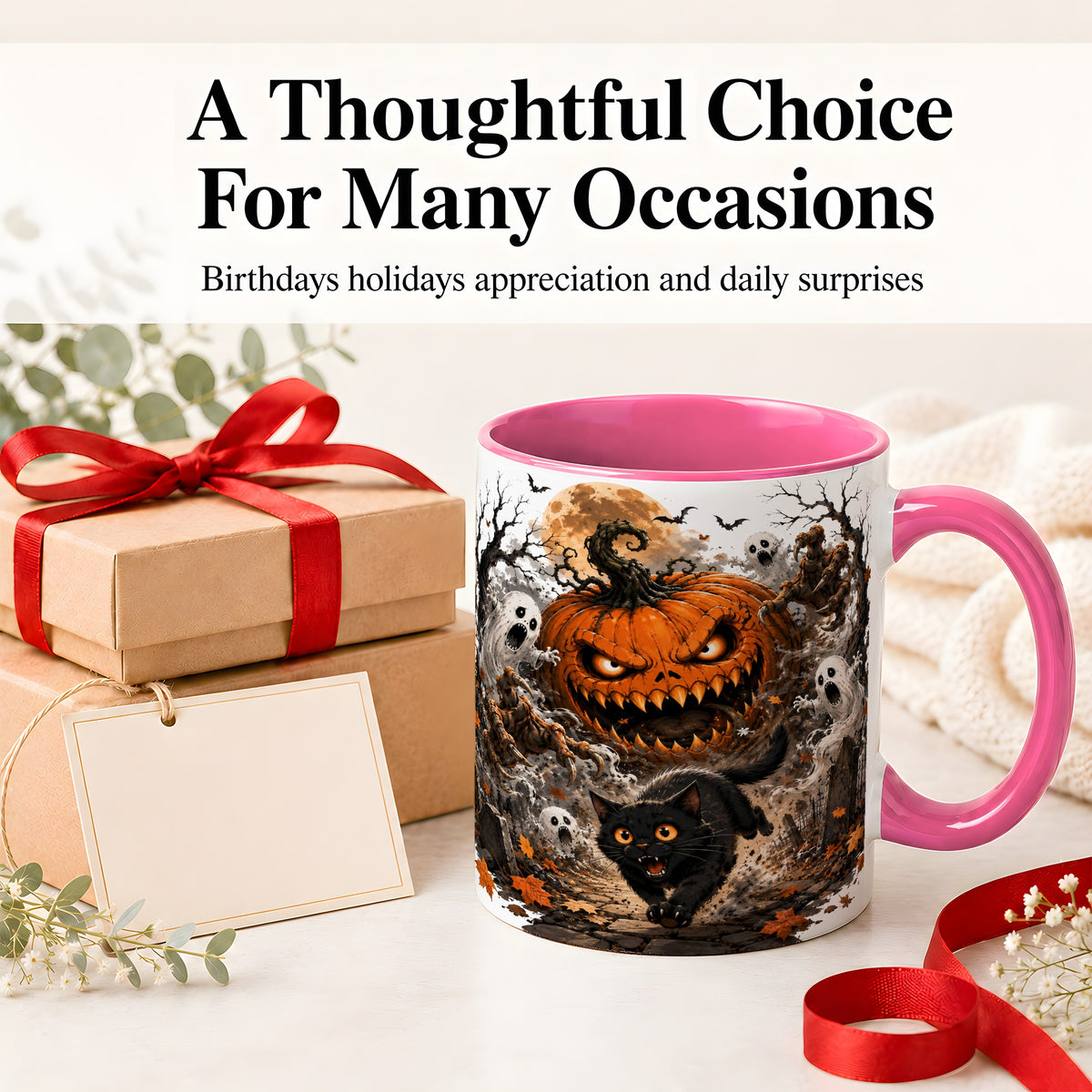 #pl[11oz|Pink] Scary Pumpkin Ceramic Coffee Cup, Mug with Ghost Cat Artwork