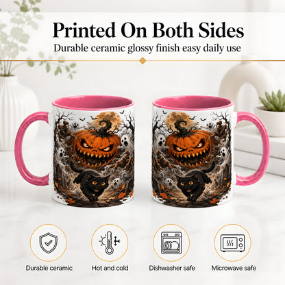 #pl[11oz|Pink] Scary Pumpkin Ceramic Coffee Cup, Mug with Ghost Cat Artwork