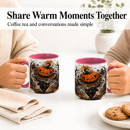 #pl[11oz|Pink] Scary Pumpkin Ceramic Coffee Cup, Mug with Ghost Cat Artwork