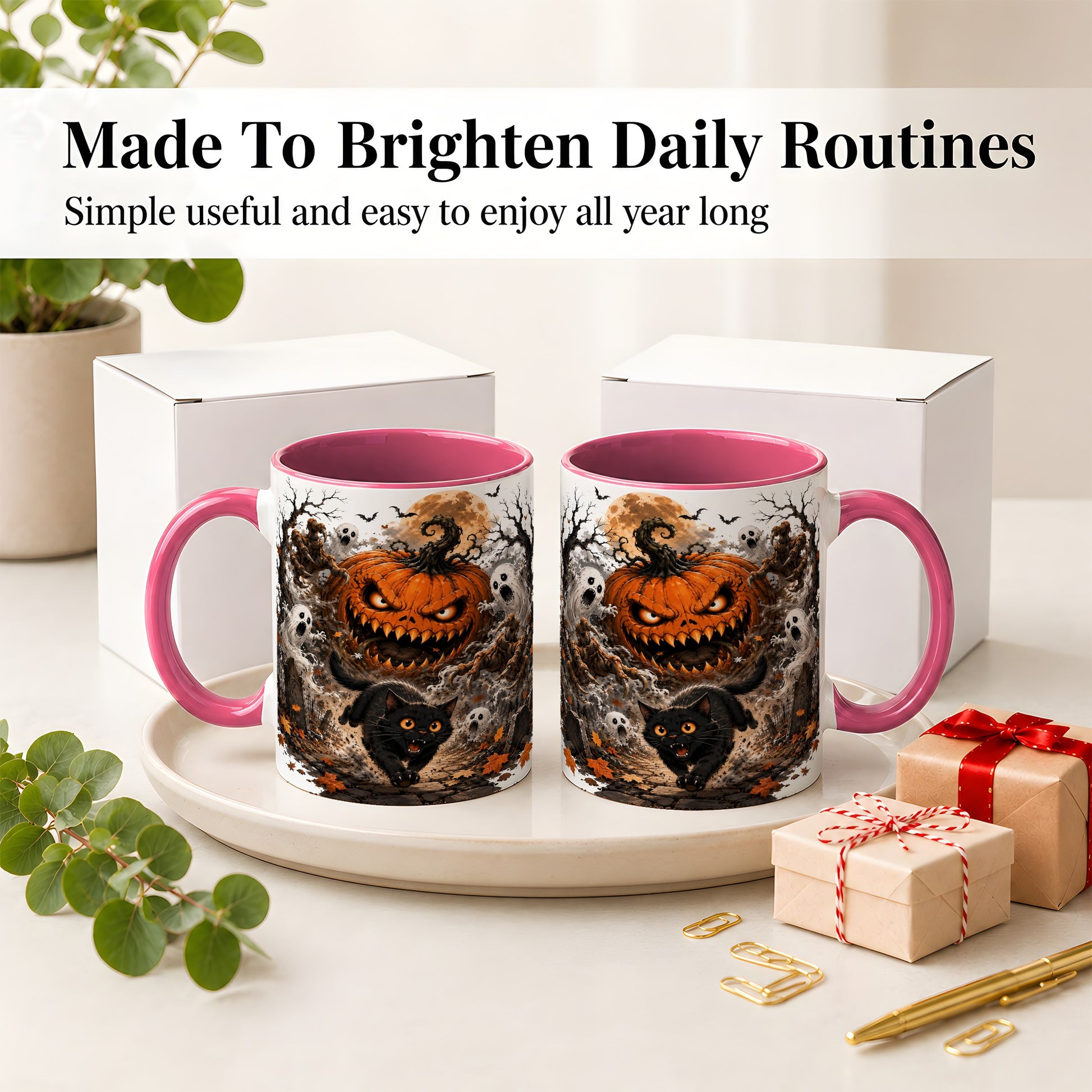 #pl[11oz|Pink] Scary Pumpkin Ceramic Coffee Cup, Mug with Ghost Cat Artwork