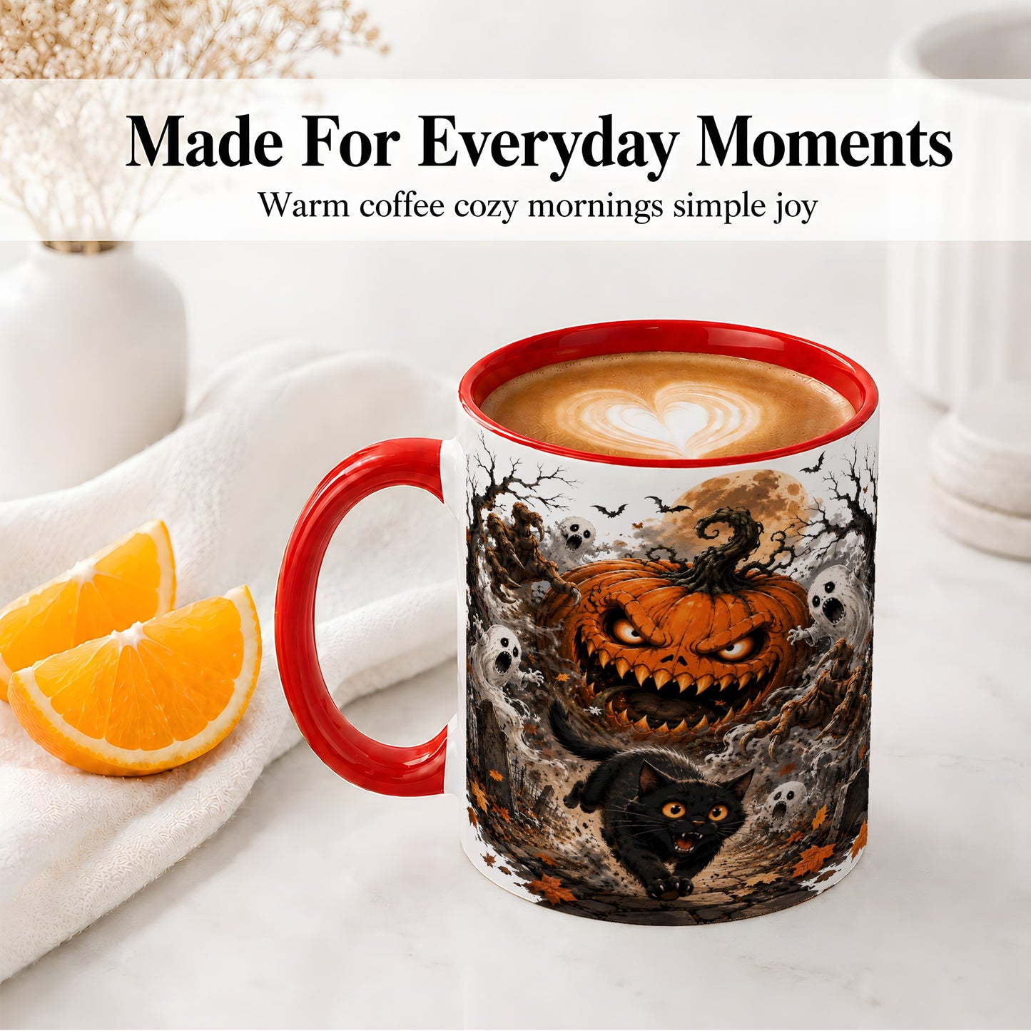 #pl[11oz|Red] Scary Pumpkin Ceramic Coffee Cup, Mug with Ghost Cat Artwork
