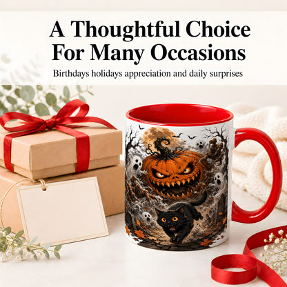#pl[11oz|Red] Scary Pumpkin Ceramic Coffee Cup, Mug with Ghost Cat Artwork