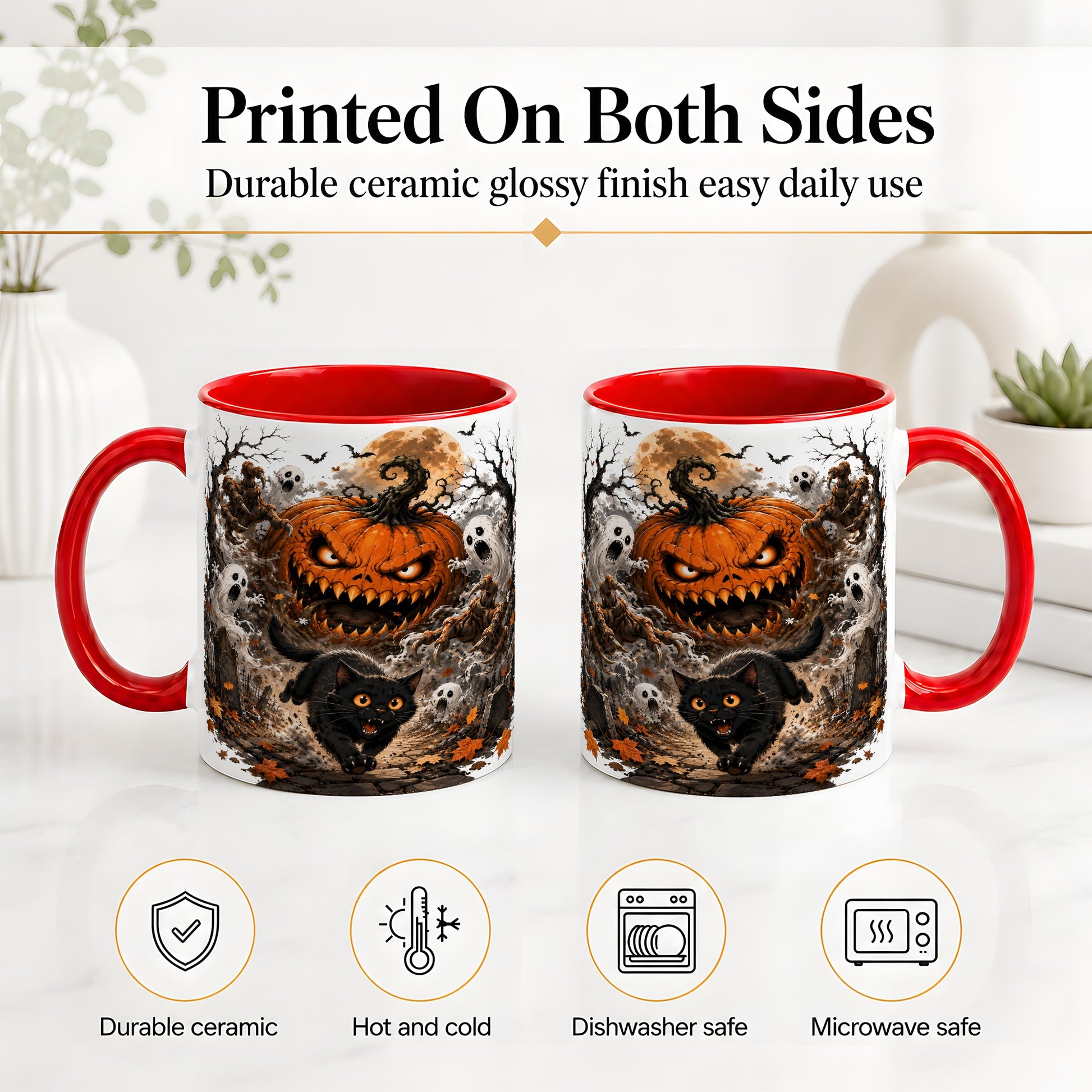 #pl[11oz|Red] Scary Pumpkin Ceramic Coffee Cup, Mug with Ghost Cat Artwork