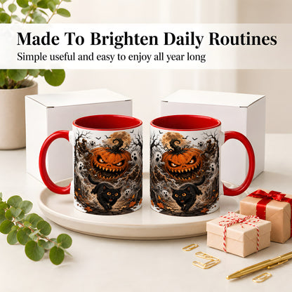#pl[11oz|Red] Scary Pumpkin Ceramic Coffee Cup, Mug with Ghost Cat Artwork