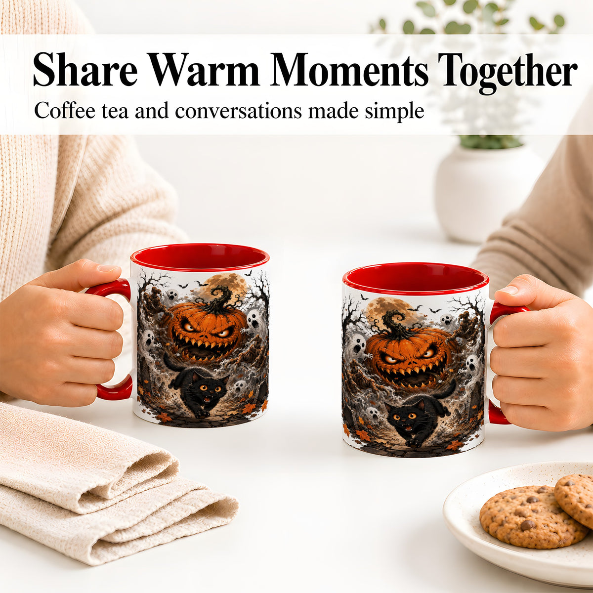 #pl[11oz|Red] Scary Pumpkin Ceramic Coffee Cup, Mug with Ghost Cat Artwork